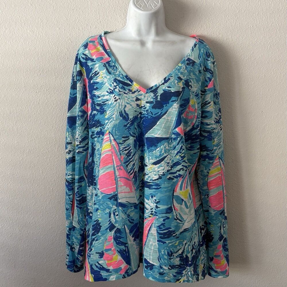 Lilly Pulitzer Jennifer Top Sparkling Blue Hey Bay Bay Sailboat V-Neck Tunic L